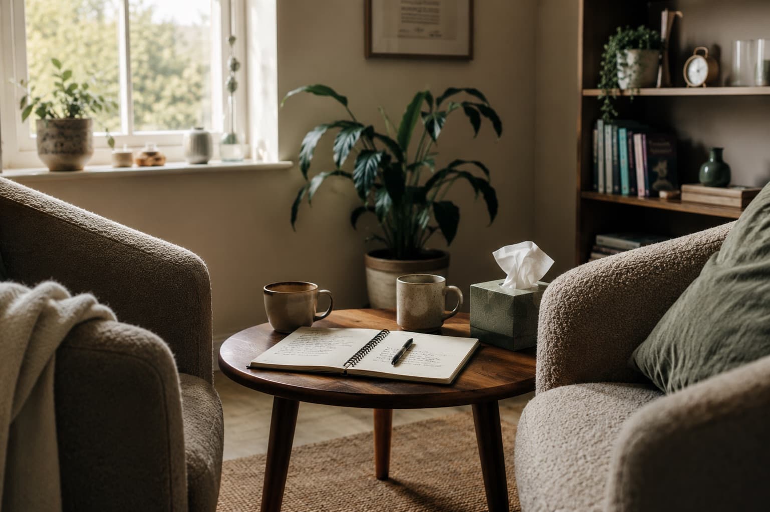 A warm, private therapy room with two comfortable chairs